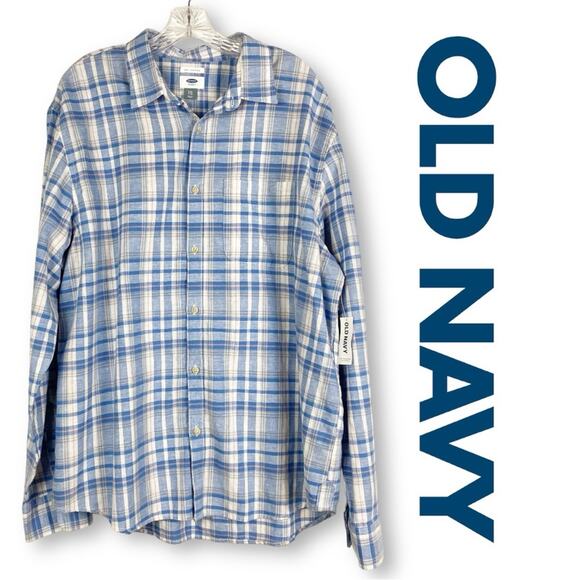 New With Tags Old Navy Men’s Linen Blend Blue Plaid Shirt Size XXL - Picture 1 of 12